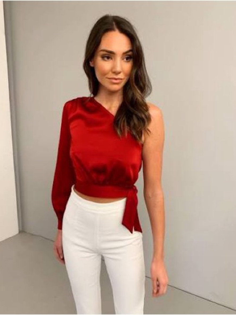 Kookai Scarlet One-Shoulder Satin Tie-Waist Top